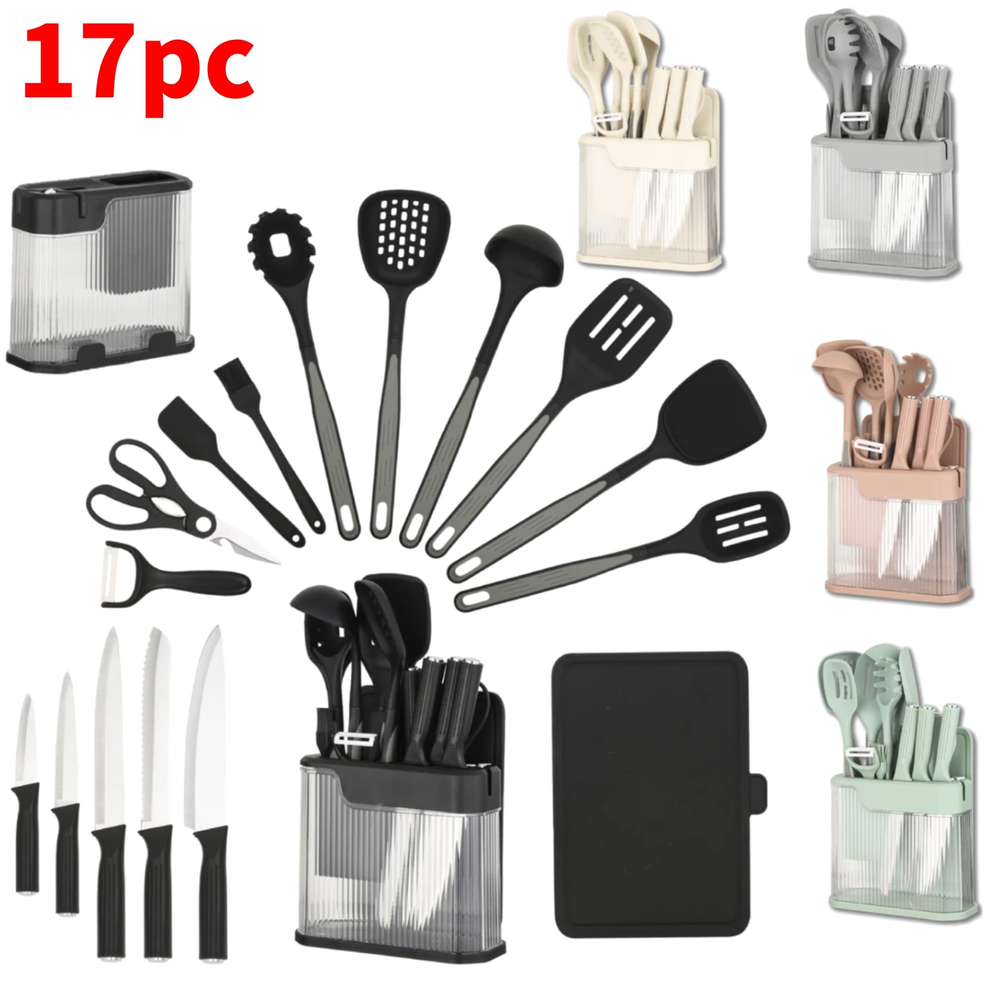 Set of 17 Silicone Kitchen Tools with Knives, Stainless Steel Kitchen Knives Set, Non-stick Kitchen Tools, Scissors, Pelapatate