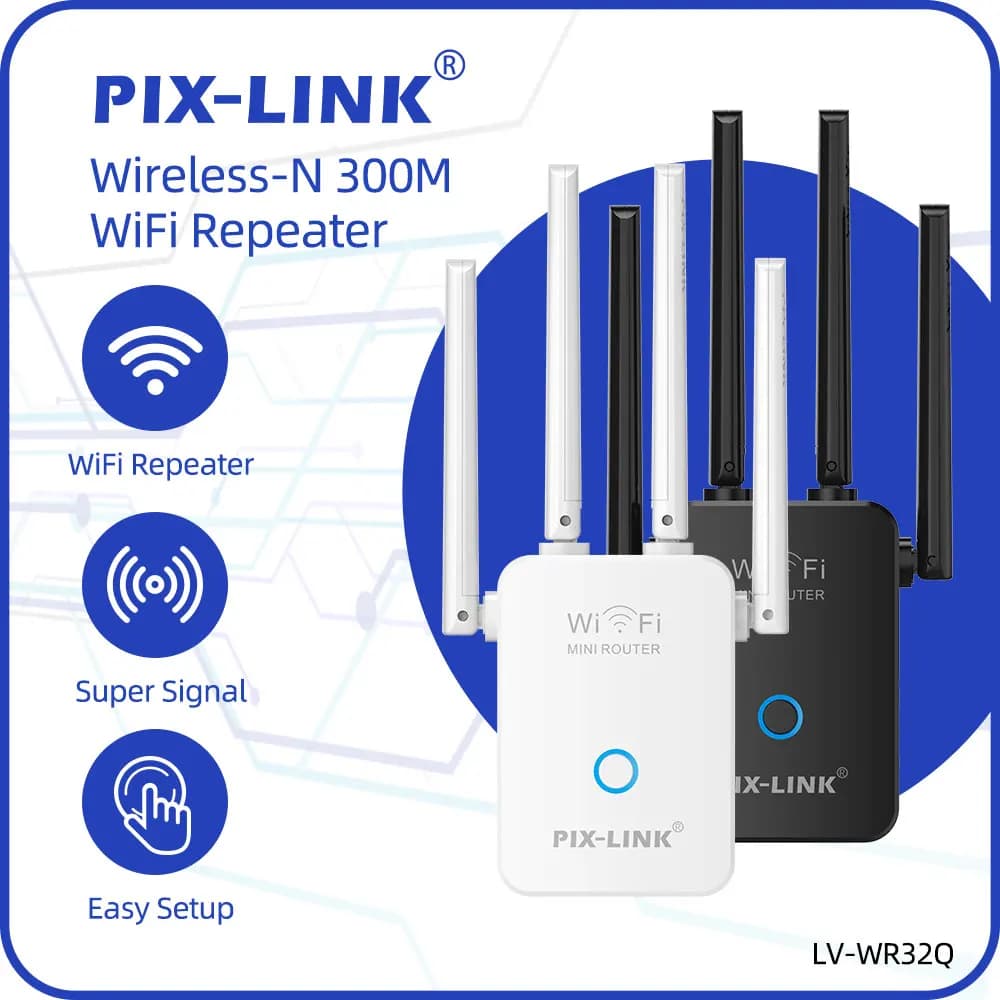 PIX-LINK WR32Q Router Wireless 300Mbps, Ripetitore WiFi, Extender AP con 4 Antenne, MU-MIMO, Chip Qualcomm, Facile Configurazione, Amplificatore
