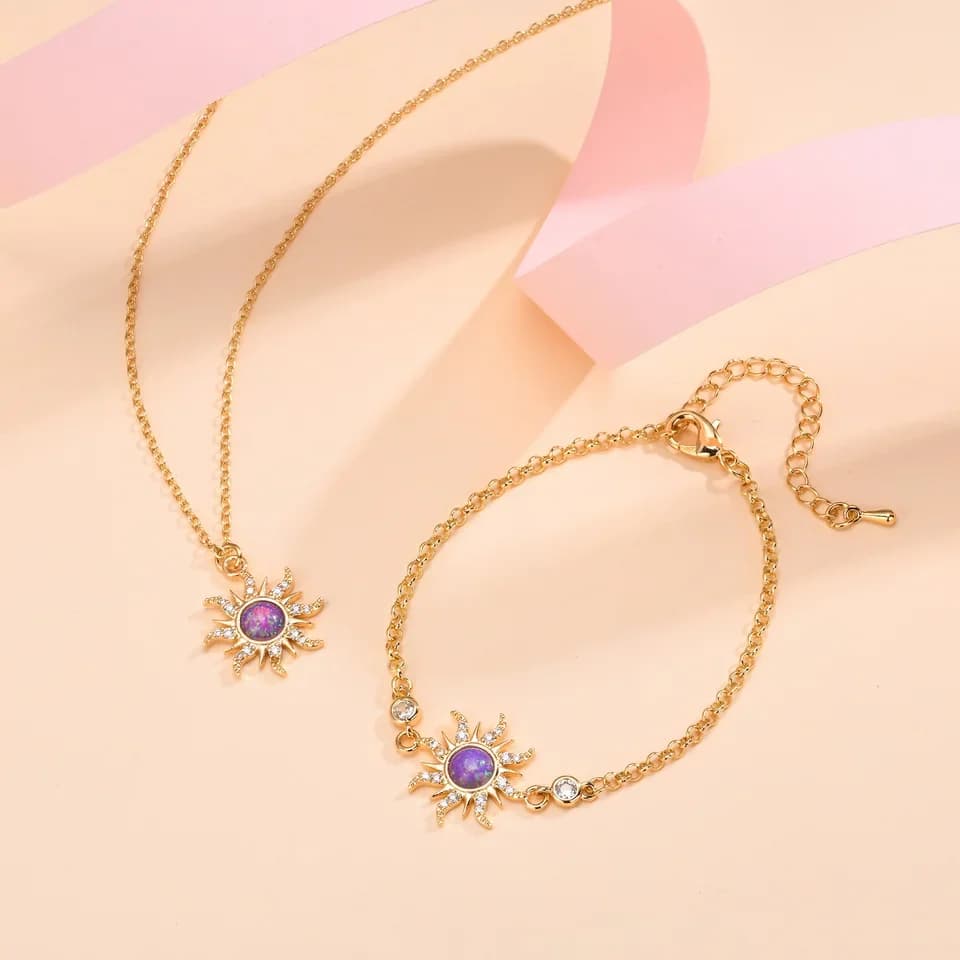 Bracciale con ciondoli a forma di sole in opale per donna, fatto a mano con catena intarsiata in zirconia, regolabile e a strati.