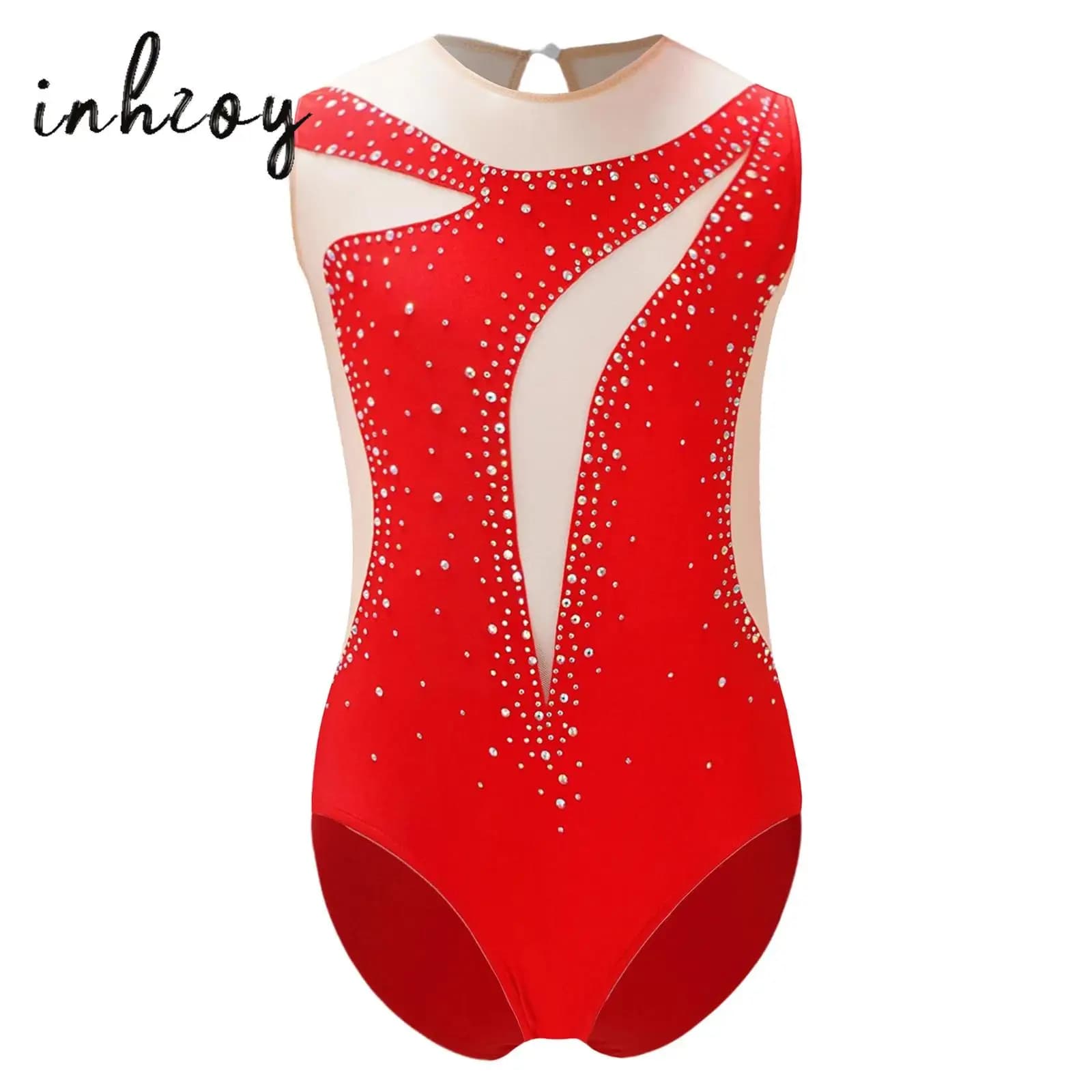 Body da ginnastica per ragazze per bambini Canotta da balletto Unitard SleeCheveless Mesh Diamanti Tuta da allenamento Pattinaggio di figura Abiti da prestazione