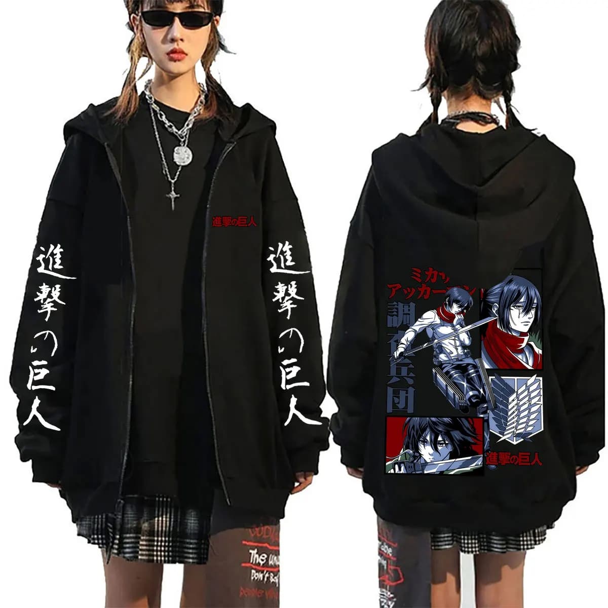 Felpa con Cappuccio e Zip Attack on Titan, Giacca con Zip di Mikasa Ackerman, Abbigliamento Manga Oversize per Uomo e Donna