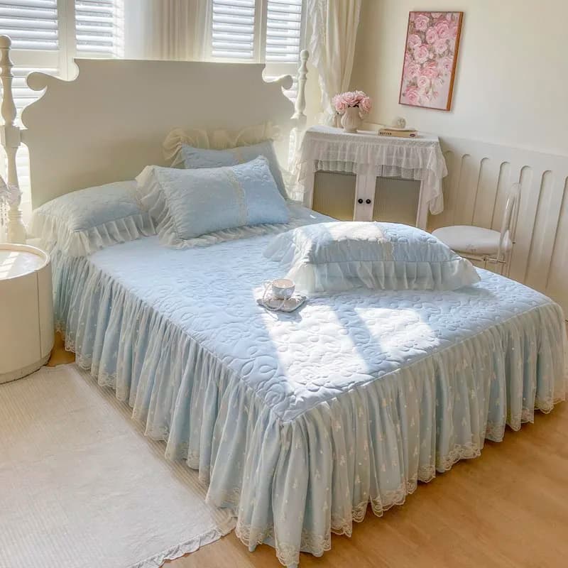 AI WINSURE-Coperta trapuntata in pizzo, Queen King Size, per letto, gonna letto con volant in pizzo, lenzuolo con angoli e 2 federe