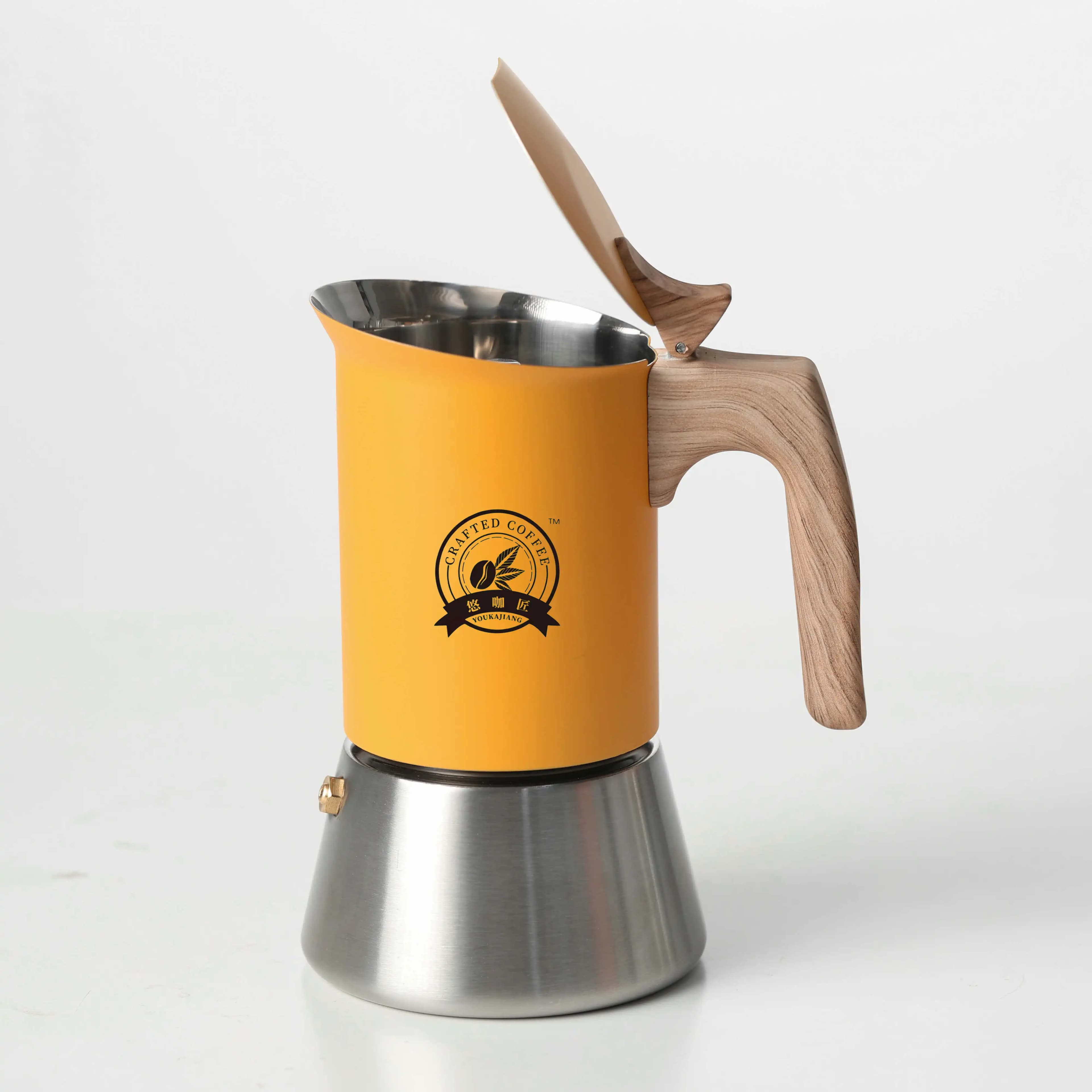 Pentola per moka in acciaio inossidabile 4/6, giallo opaco, stile nordico. Uso domestico/ufficio/esterno. Funziona su induzione e gas