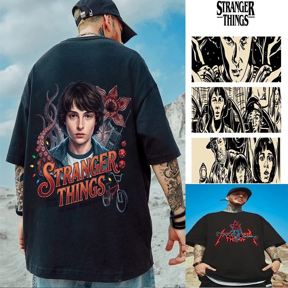 T-shirt abbinate per bambini e adulti ispirate a Stranger Things Mike Wheeler, con Demogorgon, bicicletta walkie-talkie, per i fan di