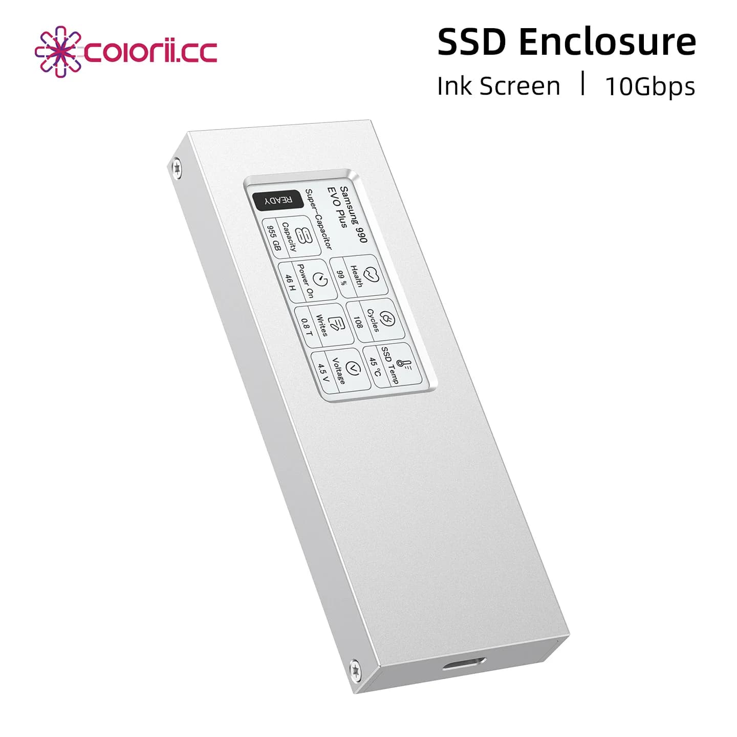 M.2 NVMe SSD Enclosure with E-Ink Display 10Gbps Ink Screen Aluminum External SSD Case for Windows PC MacBook Laptop Desktop