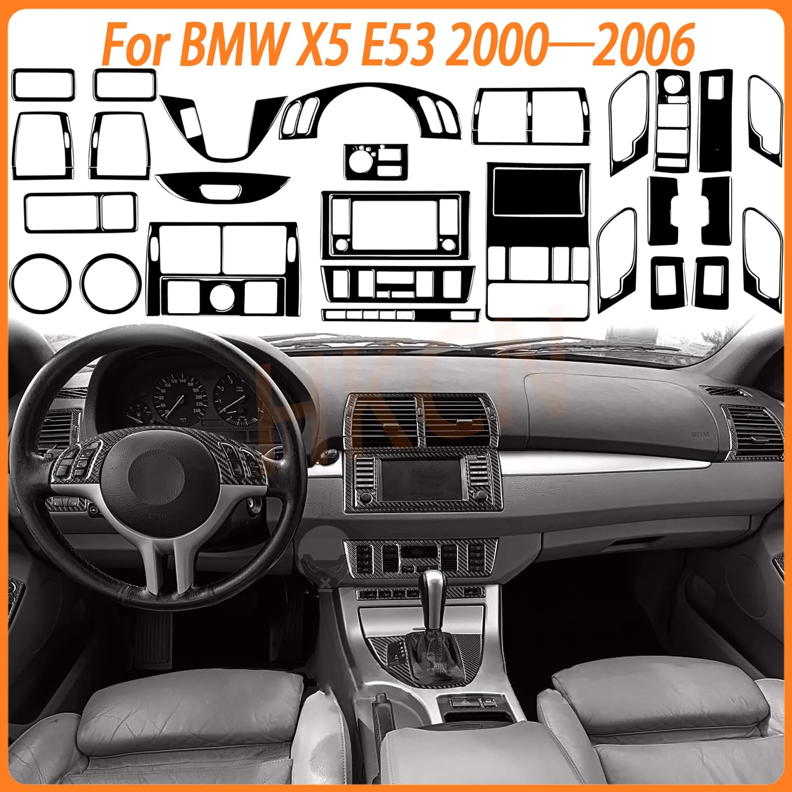 Accessori per auto in fibra di carbonio Aria condizionata Pannello Maniglie per porte Console centrale Adesivi decorativi per BMW X5 E53 2000-2006