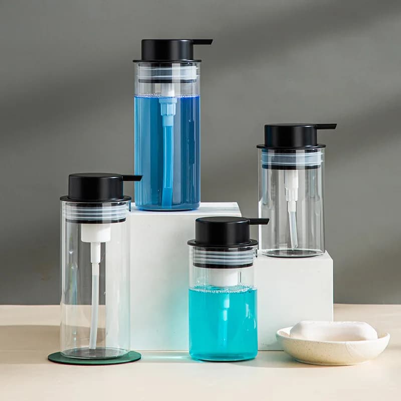 Dispenser di Sapone Moderno in Vetro Trasparente per Bagno, Accessori per Hotel, Bottiglia Ricaricabile per Shampoo e Gel Doccia