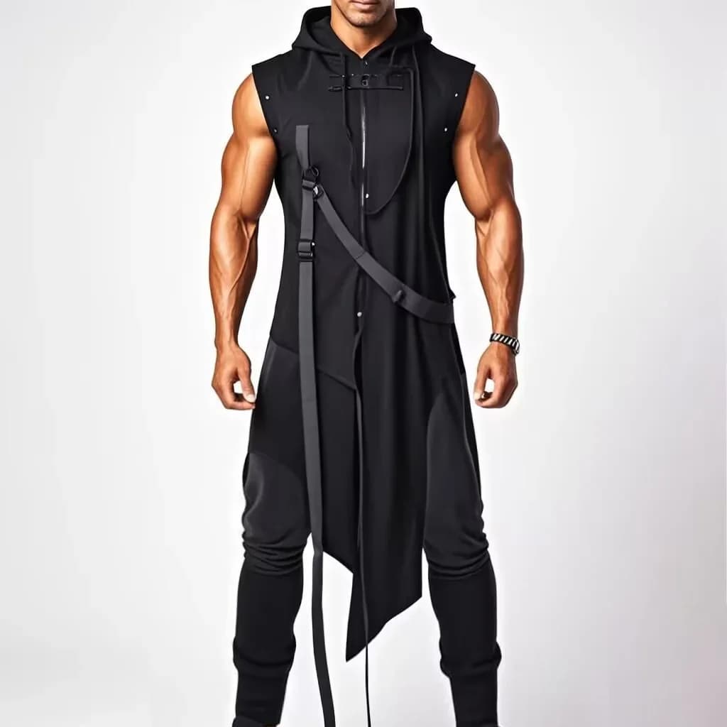 Men Gothic Sleeveless Long Vest Steampunk Hooded Vintage Rock Star Clothing Night Club DJ Costume Knight Cosplay Long Top