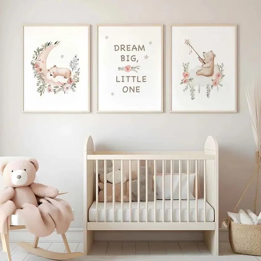 Nursery Flower Wall Art, Cute Teddy Bear Moon Quotes Canvas Painting, Baby Poster Print for Kids Boy Girl Bedroom Decor