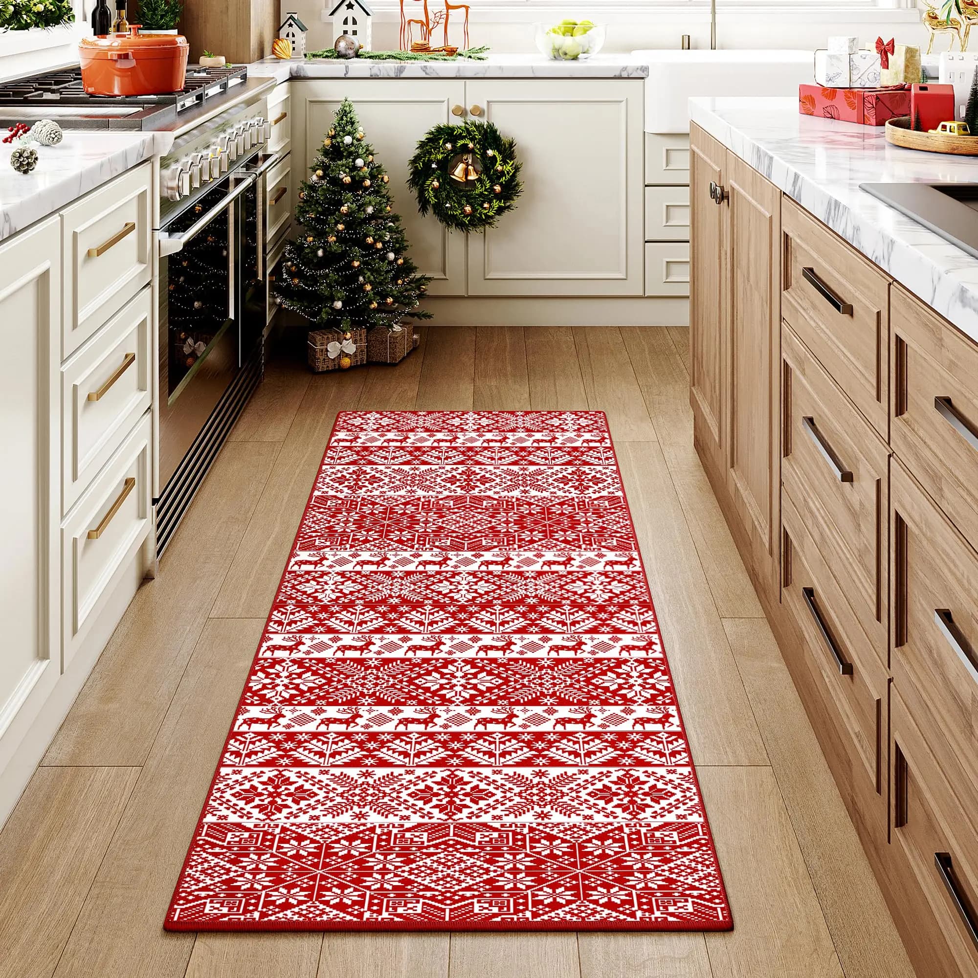 VIKAMA Red Snowflakes Christmas Hallway Runner Rugs Washable Low Pile Non-Slip Door Mat Area Rug for Bedroom Home Decoration