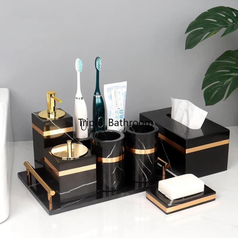 Set da bagno in marmo naturale Portasapone di lusso dorato Portaspazzolino Dispenser di sapone Accessori da bagno