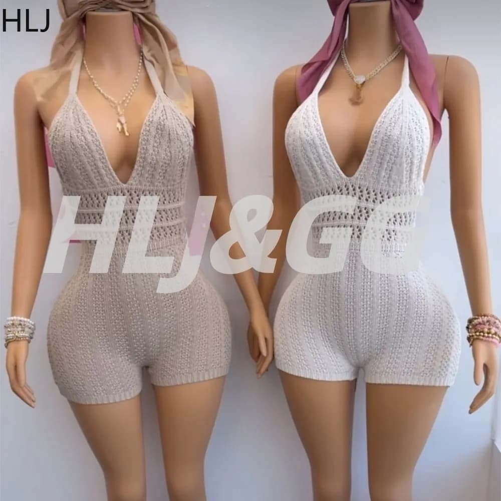 Tute intere da donna HLJ alla moda, senza schienale, in maglia, slim, con bendaggio, sexy, aderenti, monopezzo, per donna