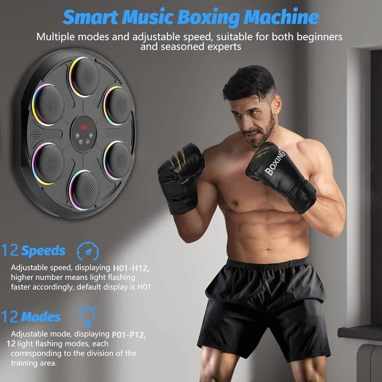 Boxing Machine Smart for Bluetooth Wall-Mounted for Home Gym Indoor Training Music-Enabled Punching Machine with Boxing Gloves