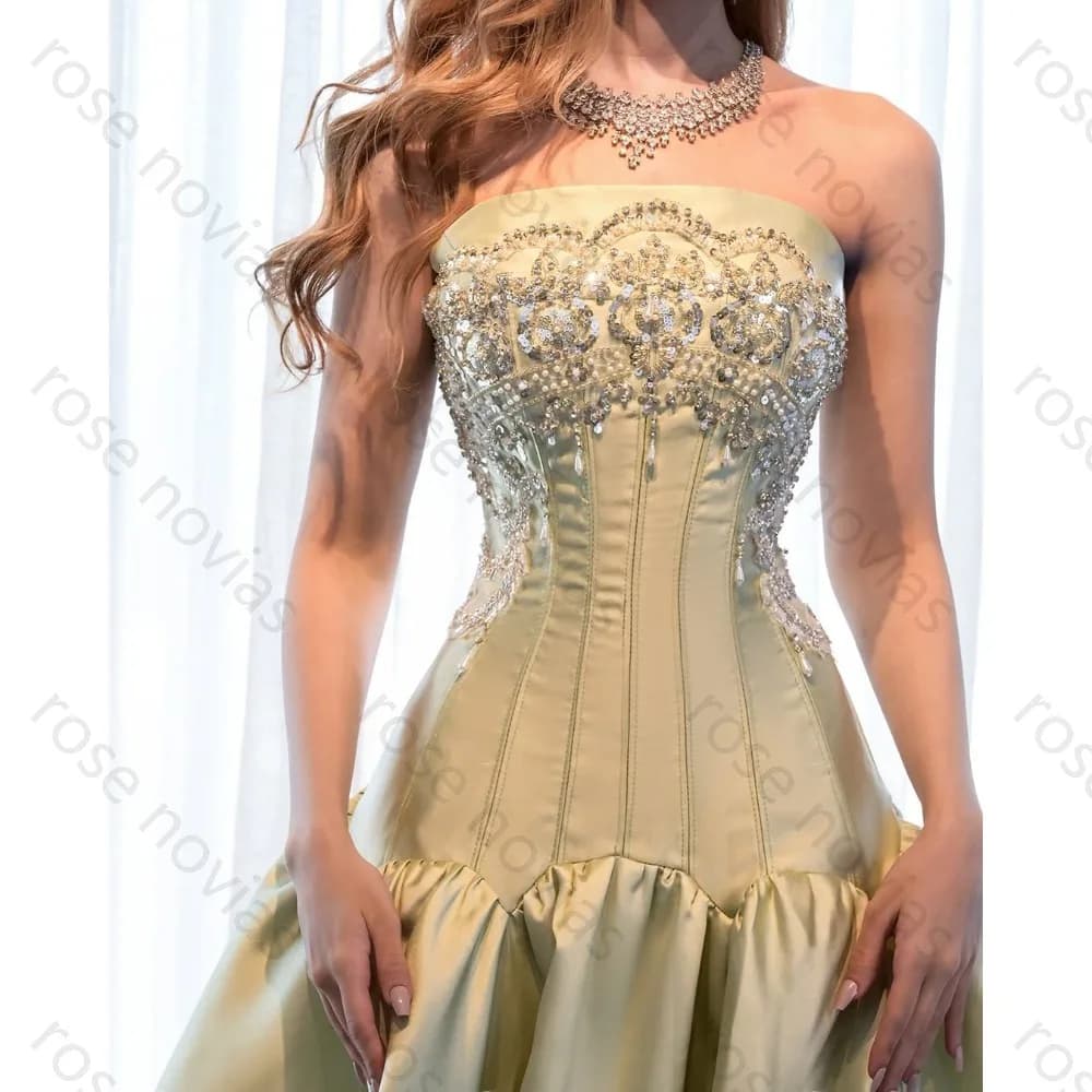 Customized 2026 Hot Sale Sage Green Formal Dress Strapless Beaded Corset Satin Ball Gown Maxi Gown Women Prom