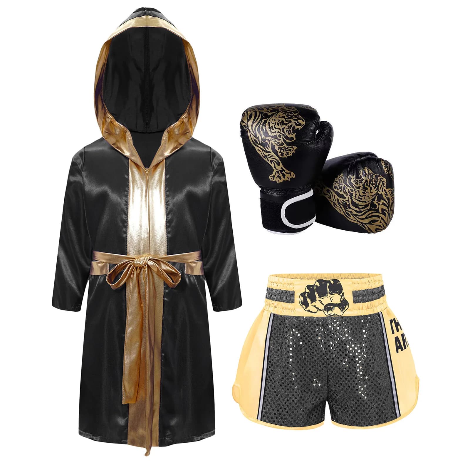 Boxer Costume for Children and Girls, Halloween and Carnival, Dress with Hood in Long Sleeved Satin, Belt and Shorts
