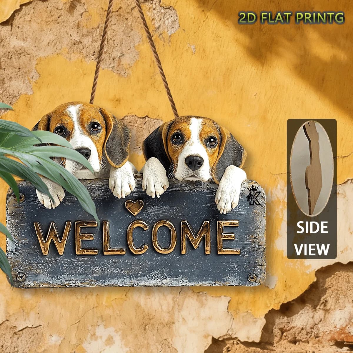2D Flat Printing,Wooden Sign, Beagle with Beagle Leash Welcome Sign, Home Decor, Housewarming Gift, Gift for Dog Lovers