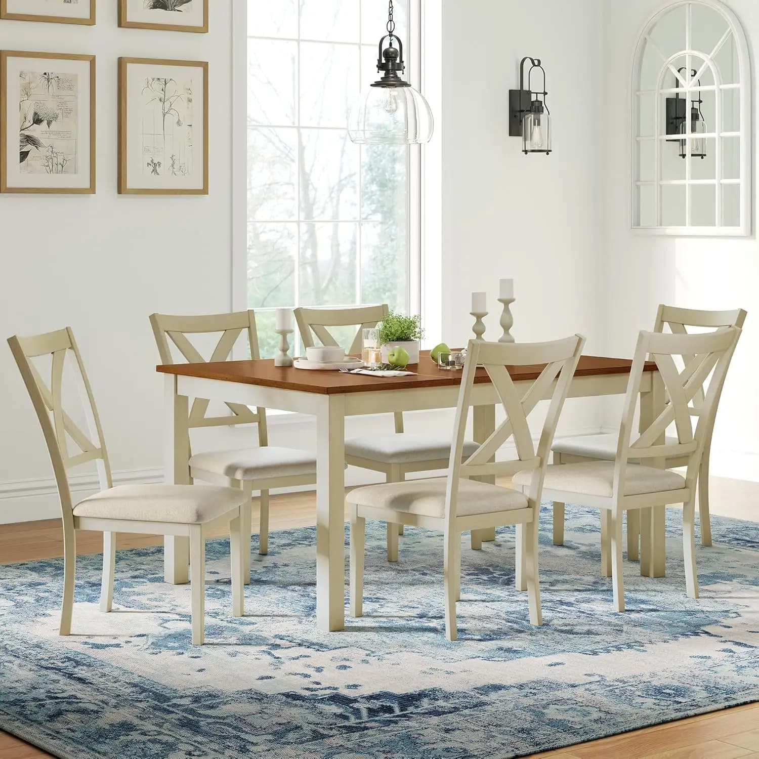 Set da Pranzo in Legno Massello 7 Pezzi con 6 Sedie Imbottite, Tavolo da 60 Pollici Salvaspazio per Cucina e Ristorante, Stile Rustico Crema, Personalizzabile