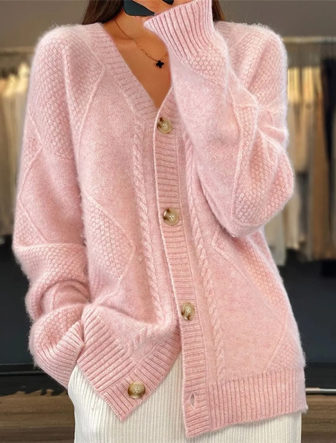 Women V Neck Cable Knit Cardigan Fuzzy Soft Long Sleeve Button Down Loose Casual Fall Winter Pocket Sweater Coat