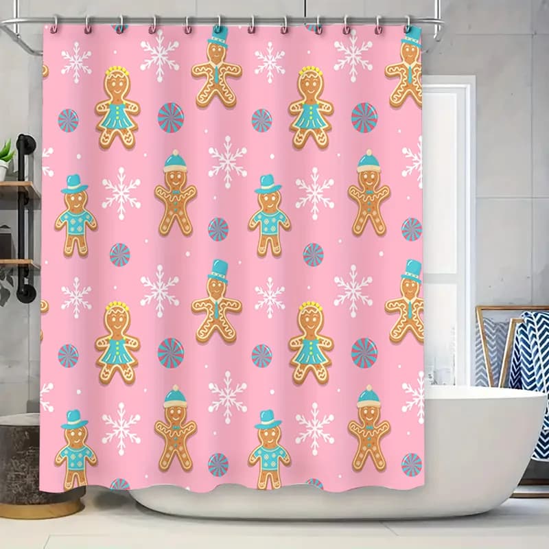 Gingerbread Man Fiocco di neve Tenda da doccia natalizia Decorazione da bagno Tessuto impermeabile Rosa 72x72