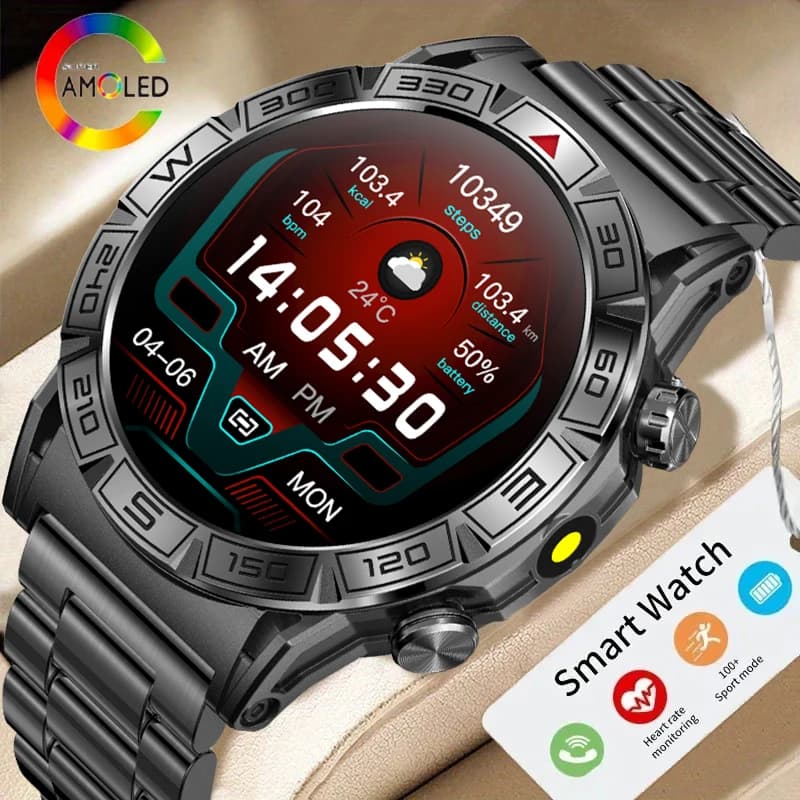 2026 Outdoor Military Smart Watch AMOLED Electric Flashlight Blood Oxygen Heart Rate Blood Pressure Monitoring GPS Trajectory Smartwatch