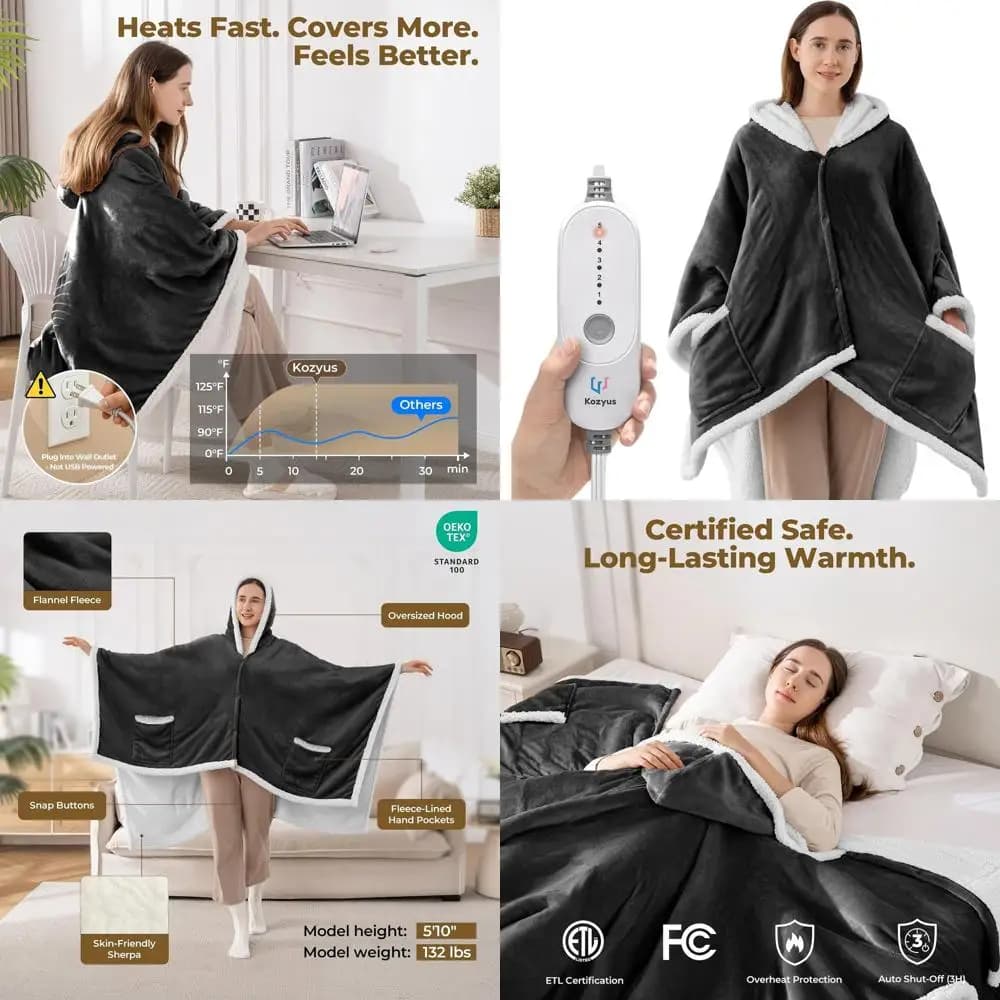 Coperta riscaldata elettrica con scialle con cappuccio, 5 impostazioni, spegnimento automatico, lavabile, grigia, unisex