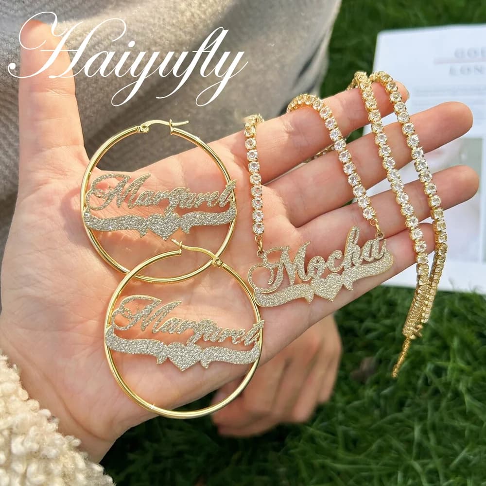 Haiyufly Collana con nome smerigliato personalizzato Orecchini a cerchio Set di gioielli in acciaio inossidabile per donna Regalo di compleanno con catena di zirconi personalizzata