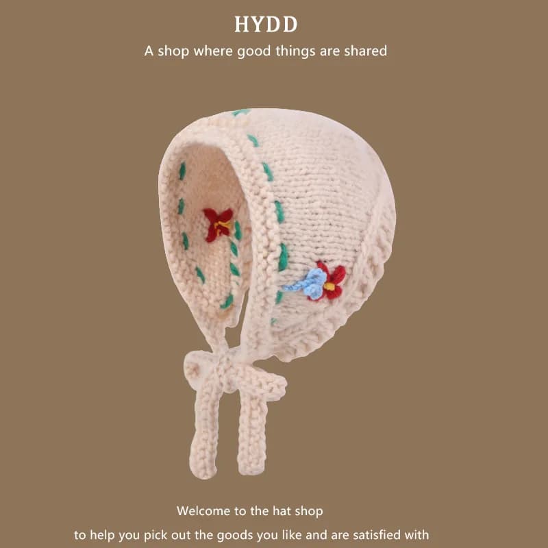Japanese, Autumn and Winter Retro Handmade Knitted Triangular Scarf Female Cute Flower Wool Headscarf Head Hat