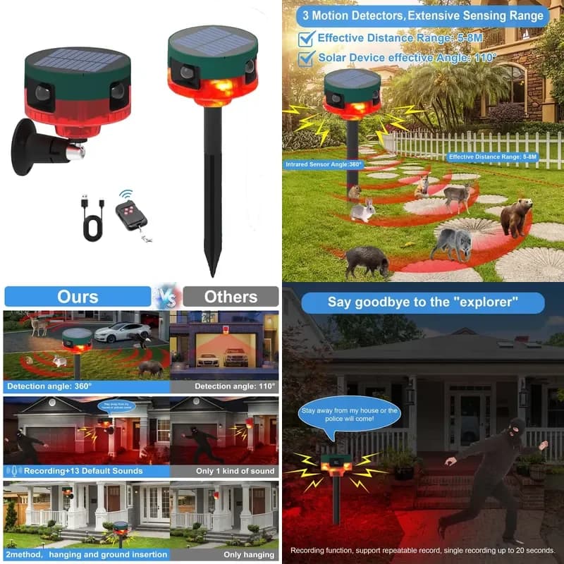 360 Degree Detecteur De Mouvement Solar Outdoor Farm Motion Sensor Alarm Sounds Customized Recordable Waterproof Loud Siren