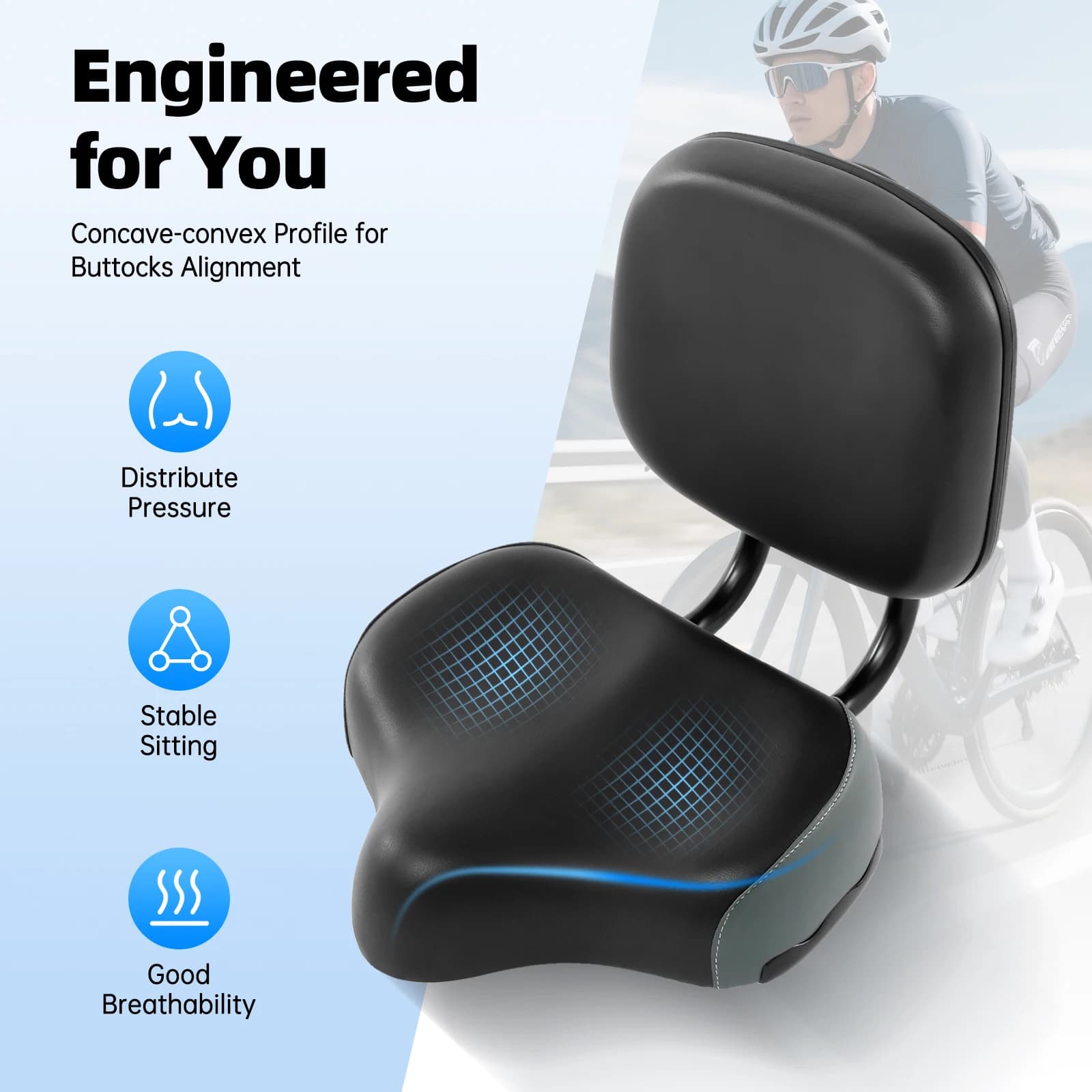 Sella Bici Universale con Schienale Regolabile - Sedile Ergonomico Extra Largo, Cuscino in Schiuma Comfort con Supporto Regolabile in Altezza