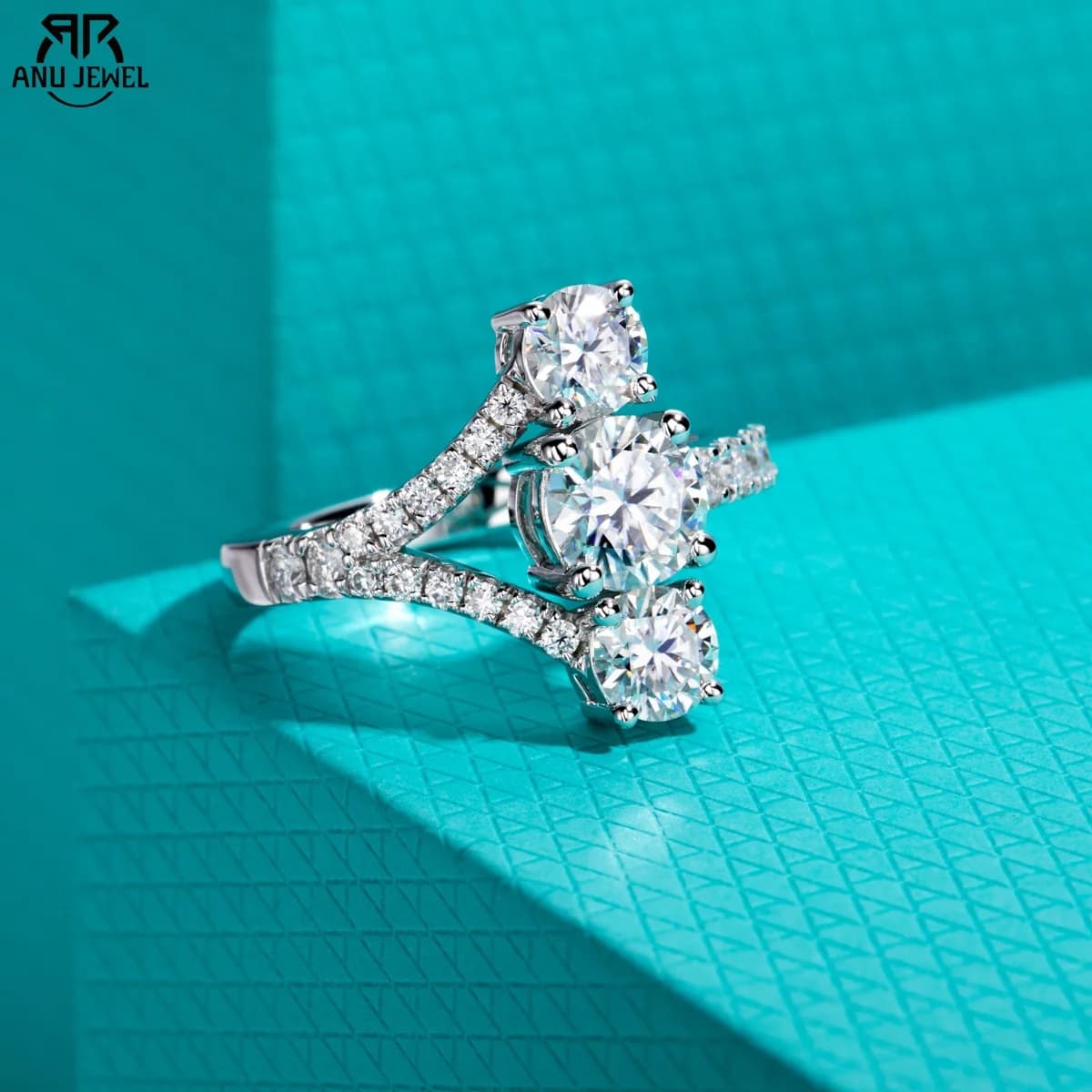 AnuJewel 2.36cttw Moissanites Y Shape Three Stone Engagement Ring 925 Sterling Silver 18k Gold Plated Wedding Ring for Women