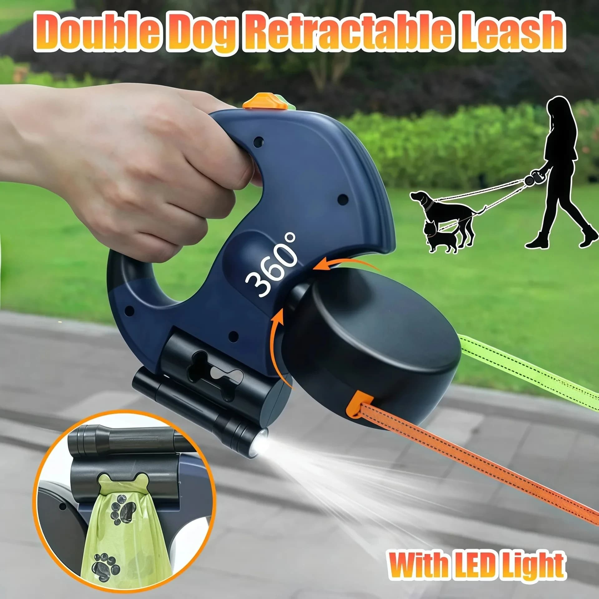 Guinzaglio Doppio Retrattile Premium 3M Anti-Groviglio con Girevole a 360° e Luci LED Riflettenti per Cani di Piccola Taglia