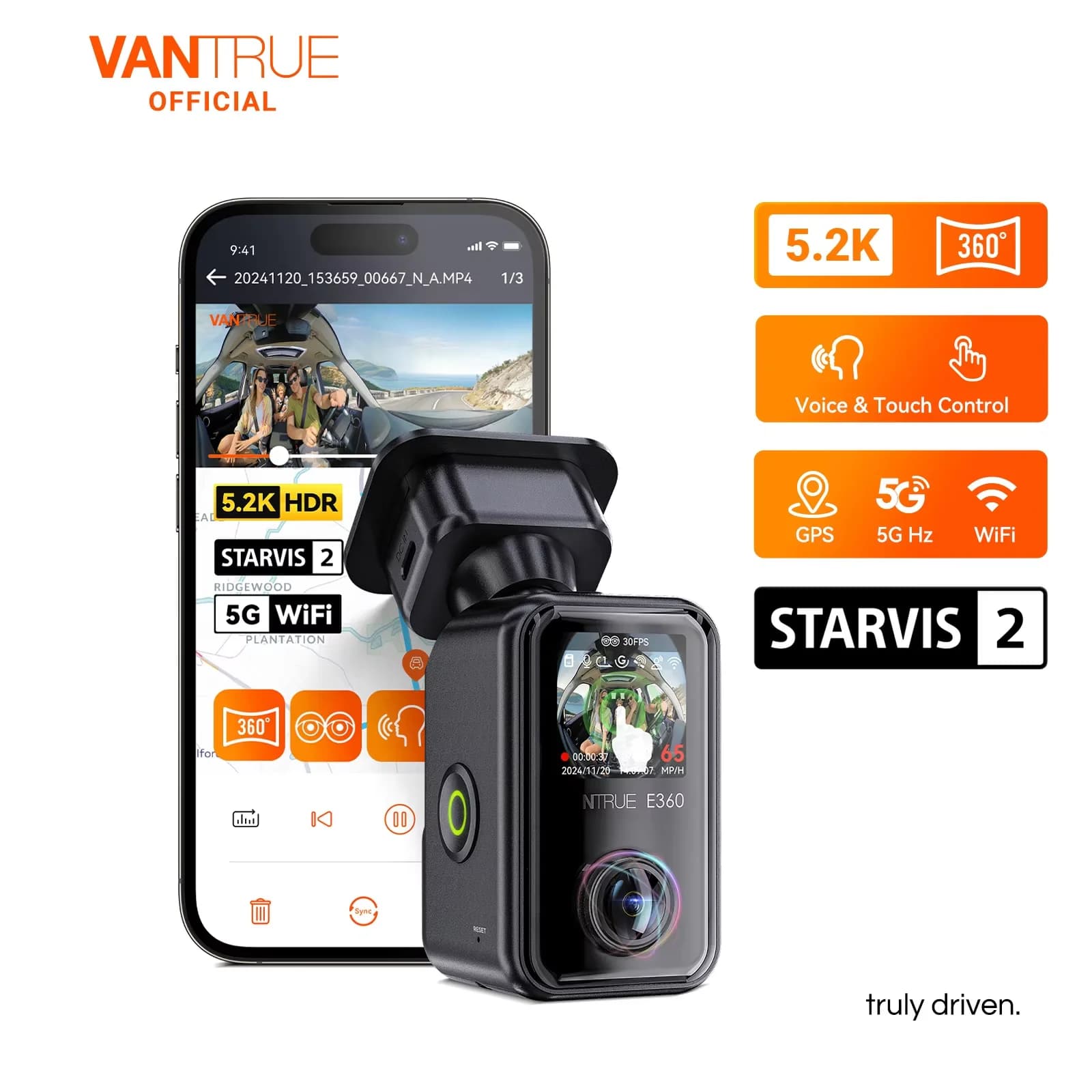 Vantrue E360 Dashcam 360 ° Panoramic touchscreen camera 5.2K 5GHz WiFi and GPS Dual STARVIS 2 IR for night vision with voice control for cars