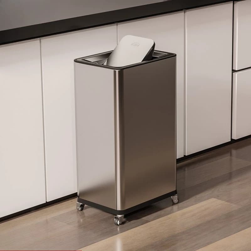 Cestino per rifiuti da cucina e soggiorno, moderno e semplice, con coperchio verticale ribaltabile, con ruote, quadrato, in acciaio inox.