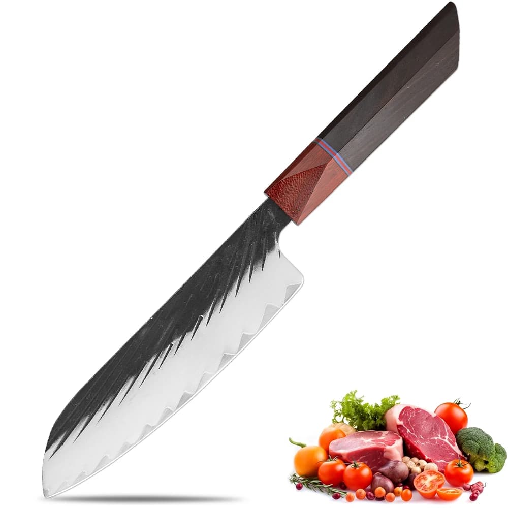 7 Inch Professional Japanese Kitchen Chef Knife 3 Layer Composite Steel Chef Knife, Hand Forged Ebony Handle