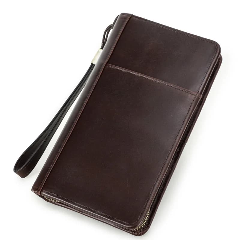 Spazzola antifurto in pelle bovina con strato superiore Pochette da uomo impermeabile Borsa portaoggetti per passaporto con cerniera multifunzionale Portafoglio da lavoro marrone