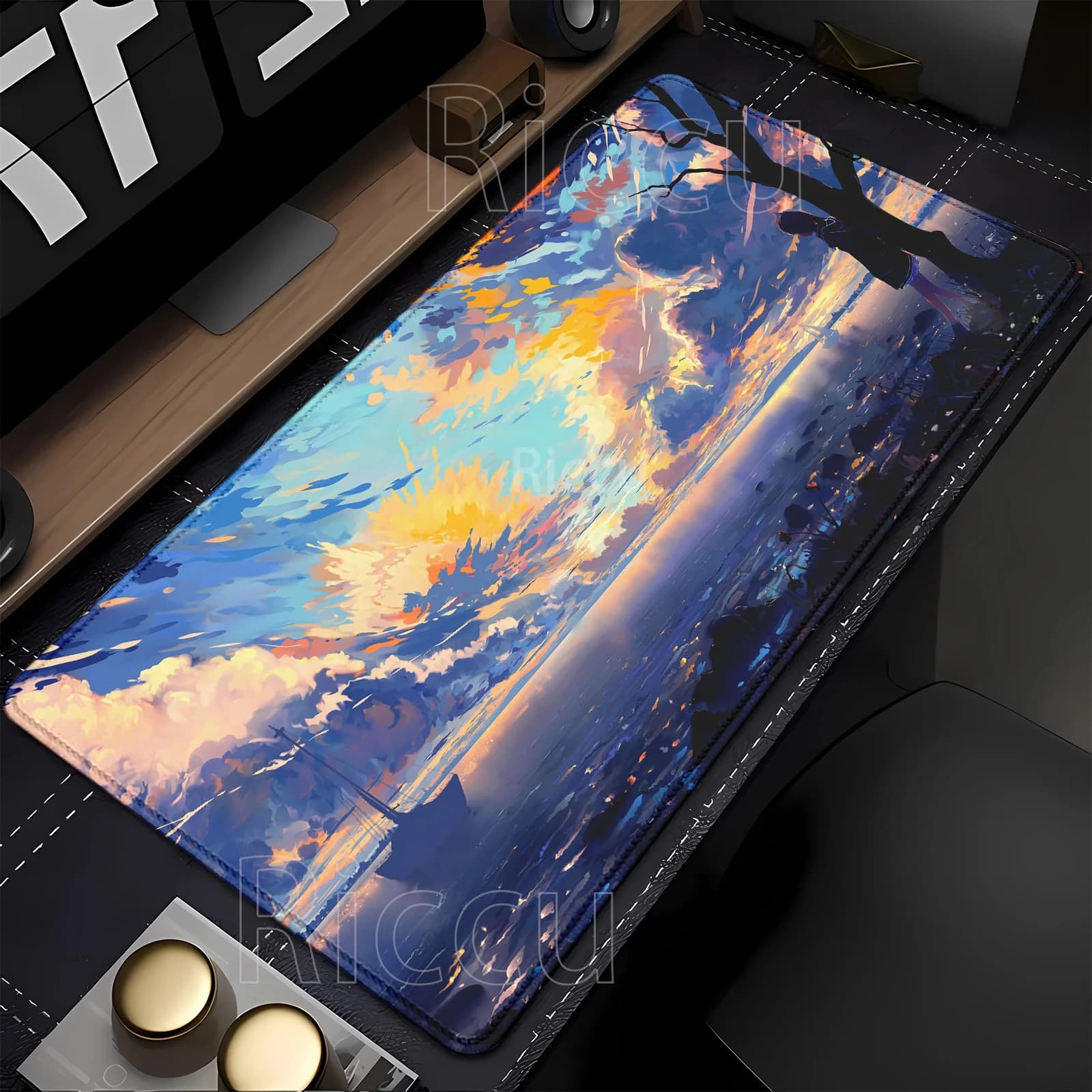 Tappetino per mouse con paesaggio anime e ragazza sul cielo, accessorio da ufficio per gamer, tappetino per mouse da gaming, tastiera da gioco 900x400mm, stampa HD, bordi rifiniti, tappetino da scrivania XXL