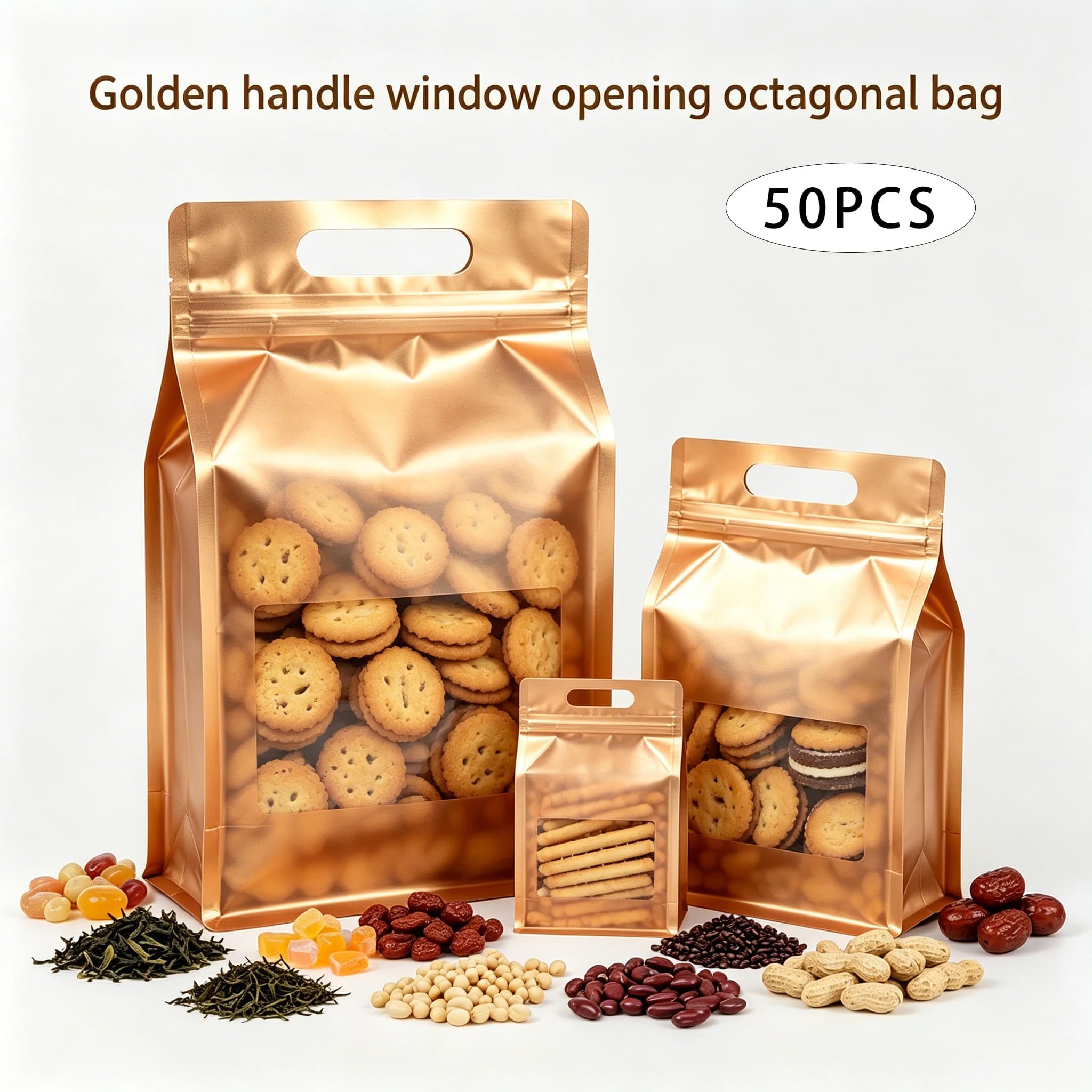 Reusable golden octagonal plastic pouches with handle window, anti dust, moisture and oxidation for food storage