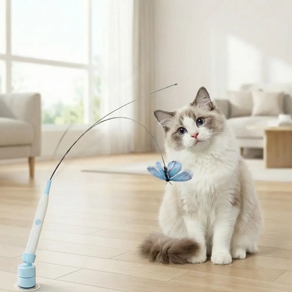 Divertente Giocattolo Elettrico per Gatti con Asta Lunga in Filo d'Acciaio 360 ° Giocattolo Girevole Auto-intrattenente con Ventosa, Bastoncino Interattivo per Gatti
