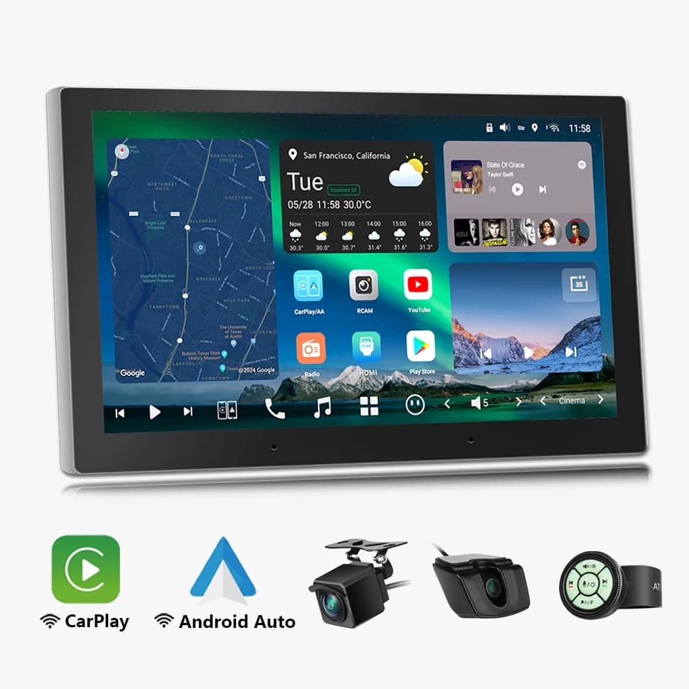 Autoradio Android 2 Din con Schermo QLED da 10.1", Radio DAB, Telecamera LiveView, Monitoraggio Remoto, Sorveglianza Parcheggio, Bluetooth, Carplay