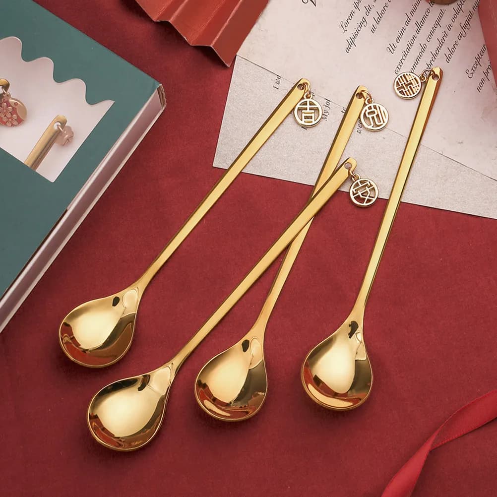 8Pcs Chinese Style Stainless Steel Dessert Spoons Coffee Scoops Ice Cream Spoon Stirring Spoon Gift Set for Tea Pot Sugar Spice