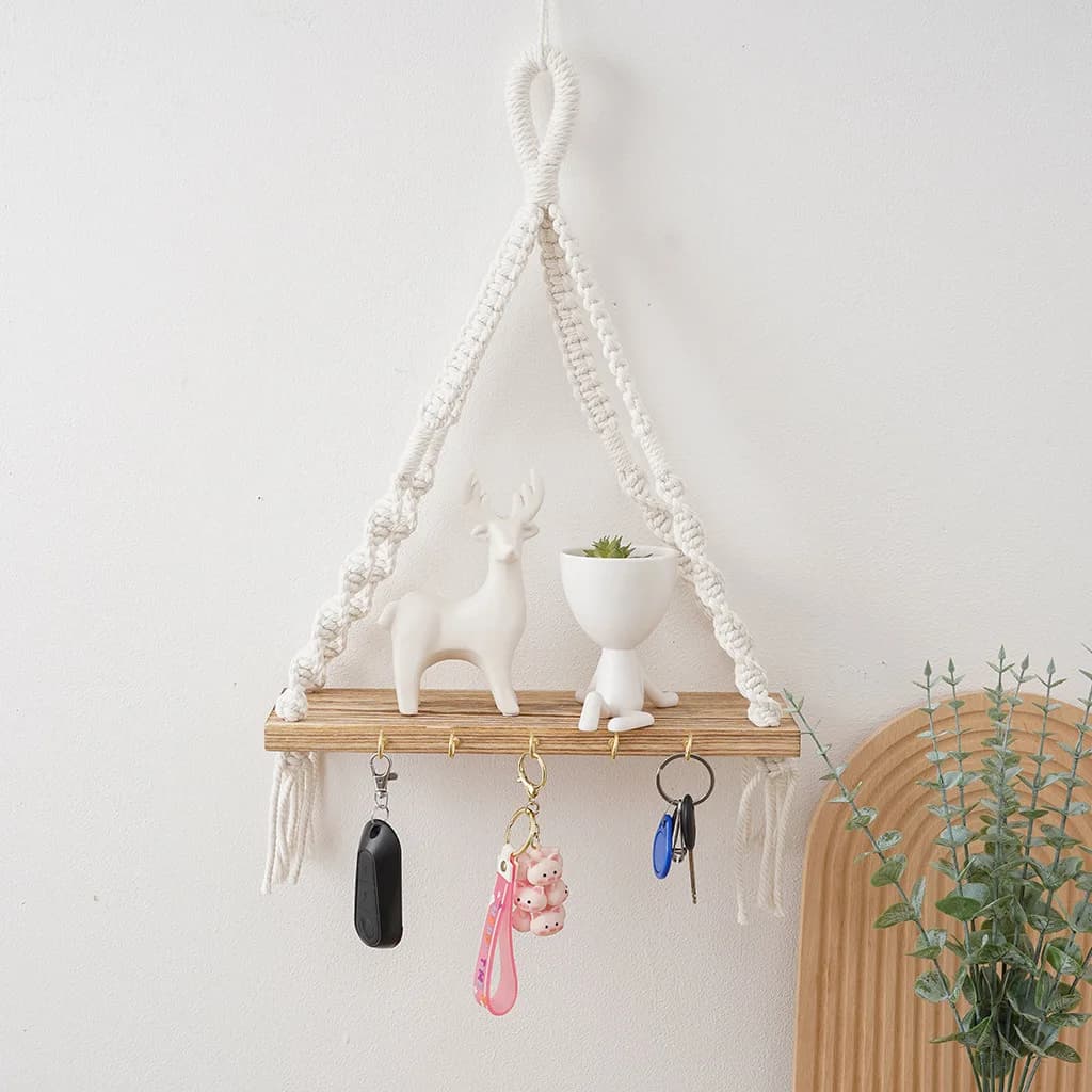 Bohemian Home Decor Storage Rack Handwoven Cotton Cord Solid Wood Wall Shelf Macrame Hanging Shelf with Hooks Wooden Plank