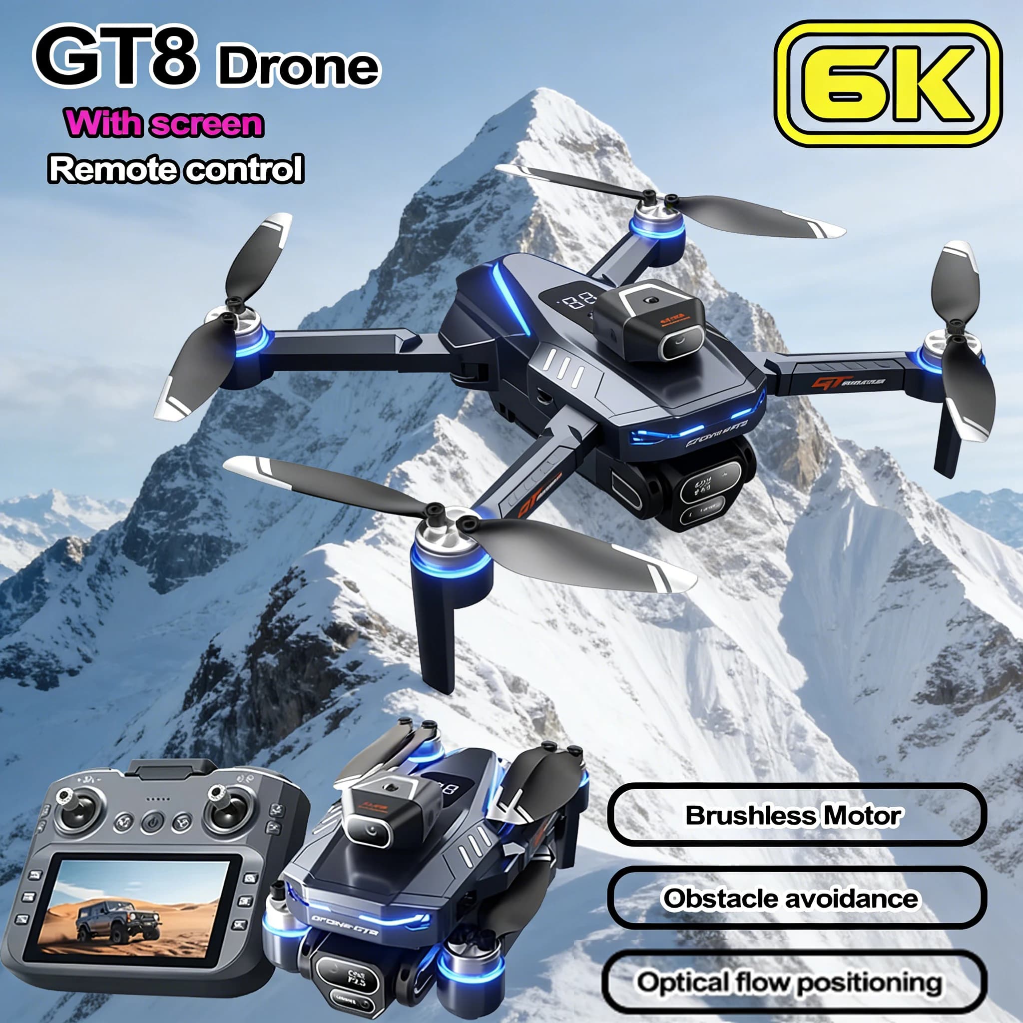 New Original Drone GT8 2026 with Double Professional Camera 4K HD, Brushless Motor 8K, WIFI 5G FPV, Foldable RC Square
