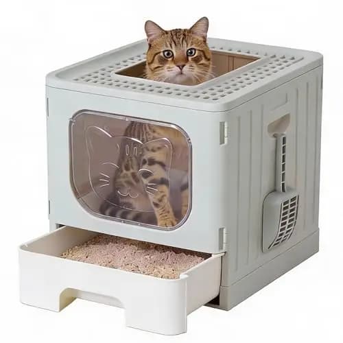 Lettiera per gatti coperta, lettiera per gatti pieghevole di grandi dimensioni (con paletta per lettiera), design a cassetto facile da pulire