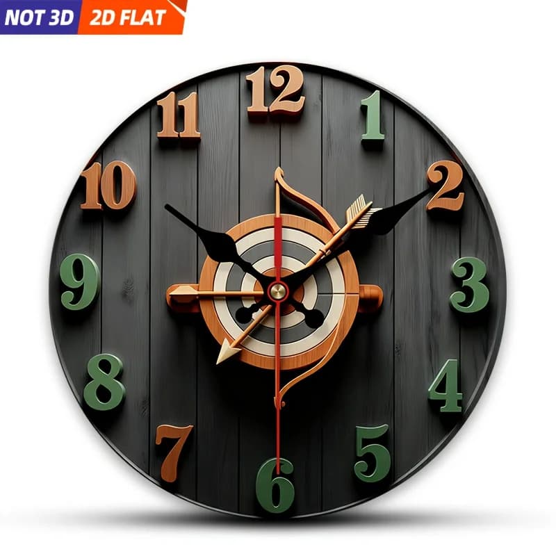 2D Piatto. 1 pezzo. Orologio da Parete a Tema Tiro con l'Arco, Orologio Decorativo Silenzioso, Orologio da Parete Creativo, Adatto per Decorare le Camere da Letto
