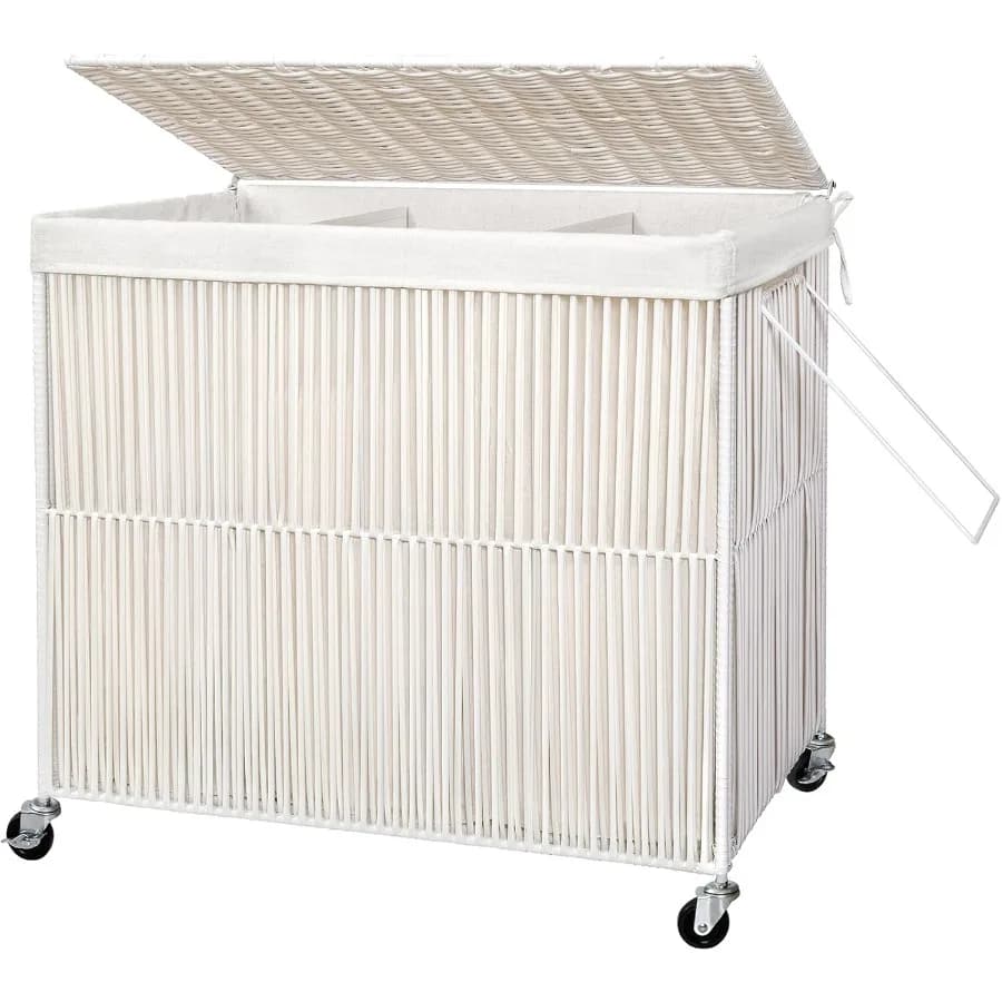 3 sections with lid White basket with 3 bags with removable cover
