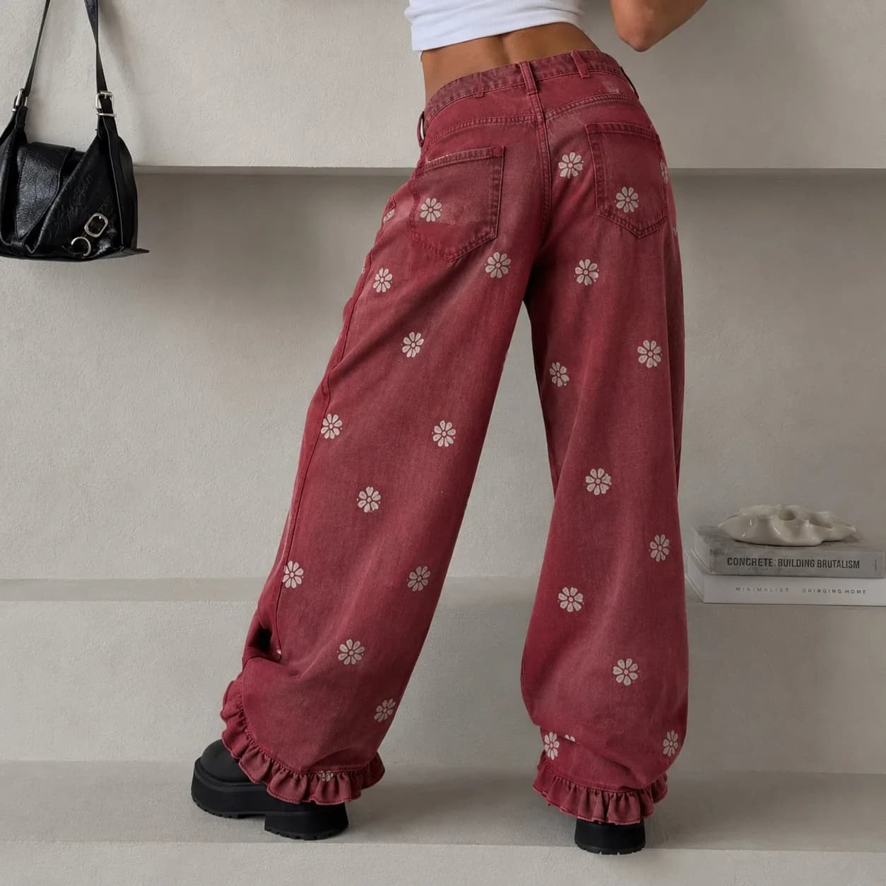 Zekye New European and American Style Retro Flower Printing Wide-leg Jeans Women's Trousers Ruffle Edge Design Ripped Low-rise