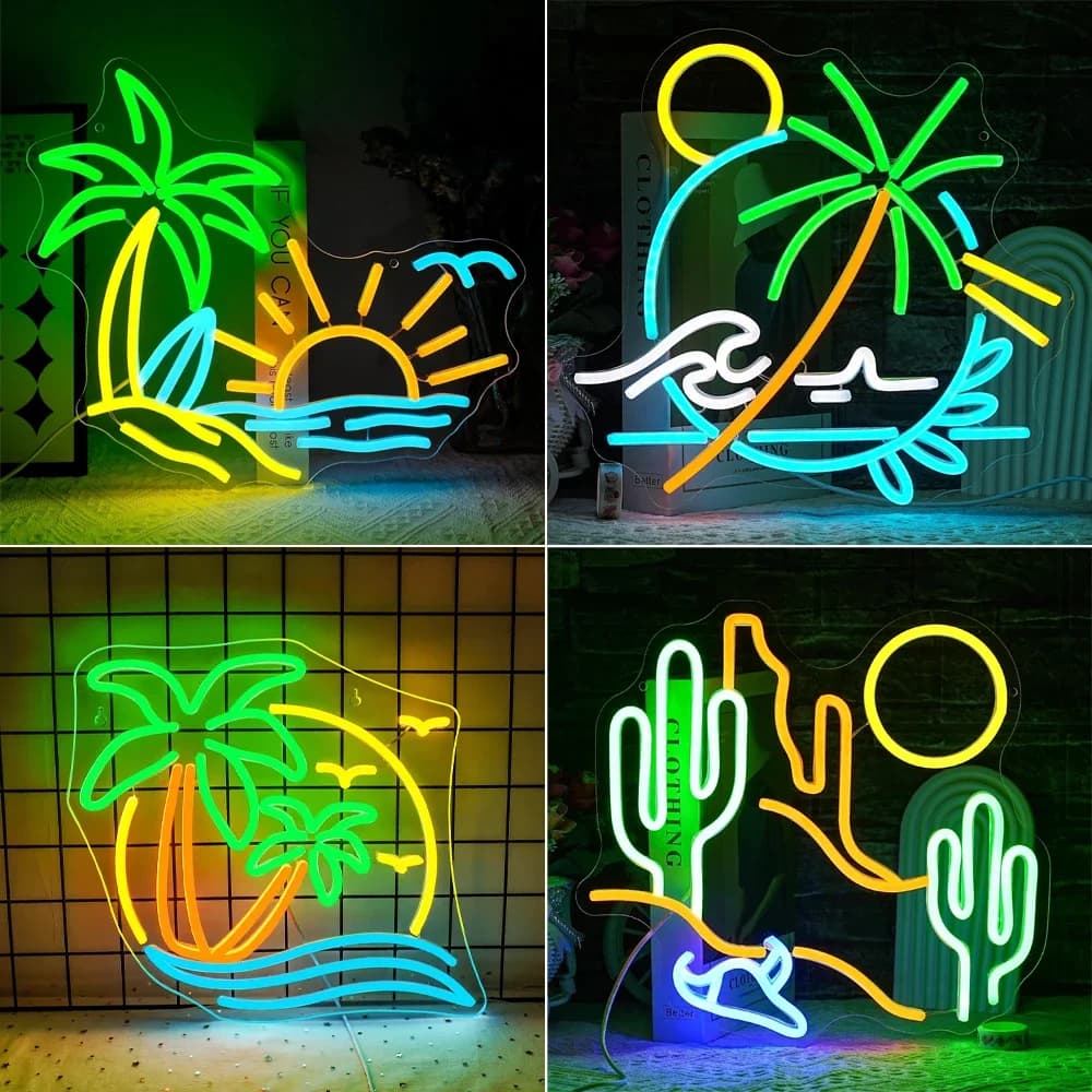 Paesaggio di spiaggia Insegna al neon Albero di cocco Decorazione della stanza d'arte Lampada d'arte a led per le vacanze Camera da letto dell'hotel Bar Club Lampada dimmerabile USB 5v