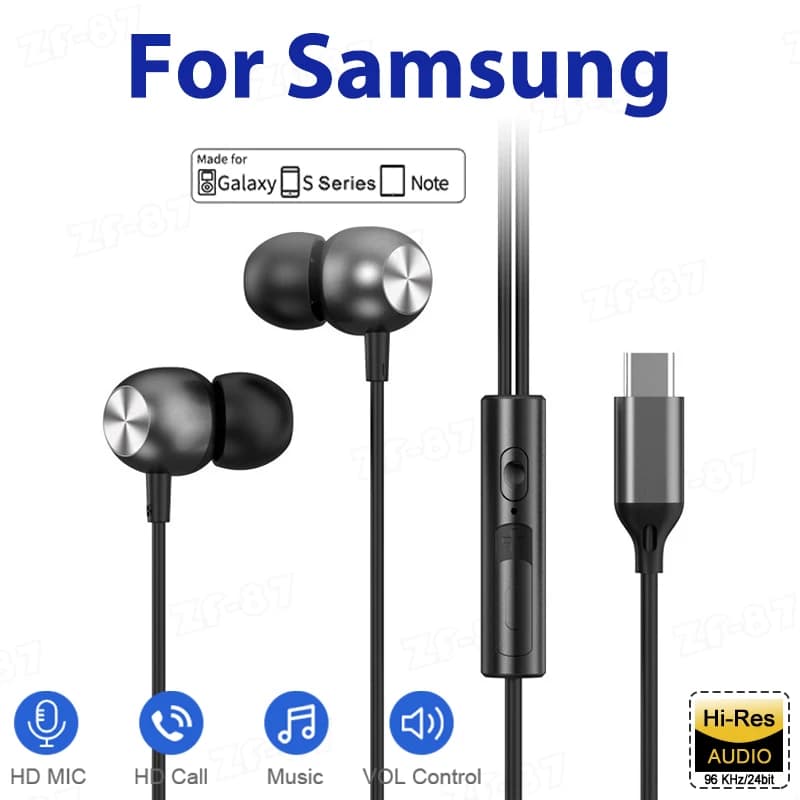 USB-C headphones with cable, 3.5 mm jack, HiFi in-ear earphones for Samsung Galaxy S24 S22 S21 Ultra A54 A53, Type-C headset