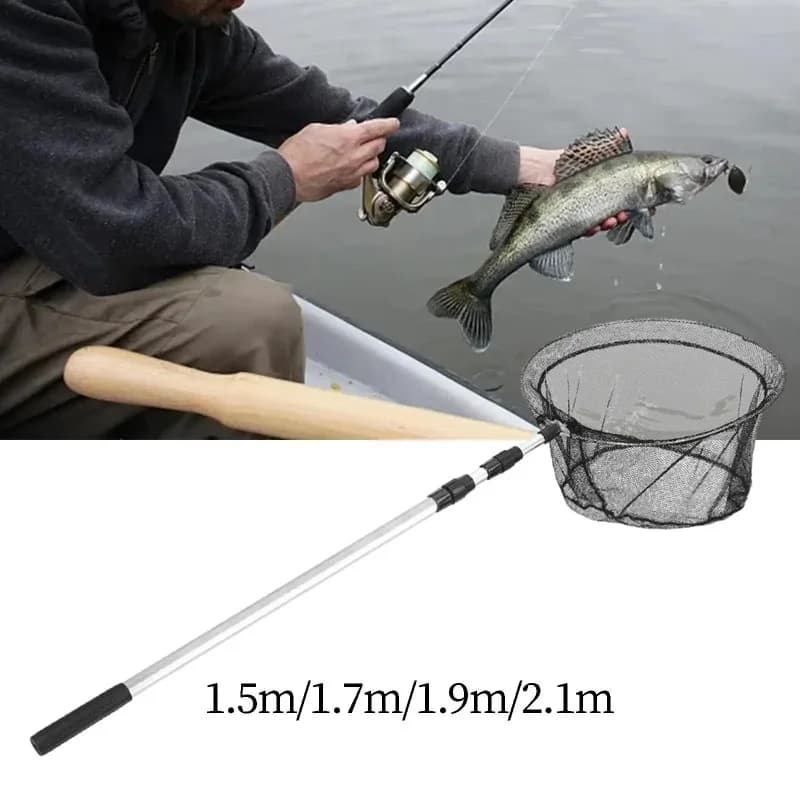 1.5m/1.7m/1.9m/2.1m Rete da pesca Manico in gomma telescopica in lega di alluminio si estende fino a 150cm Rete da pesca pieghevole Palo a rete metallica