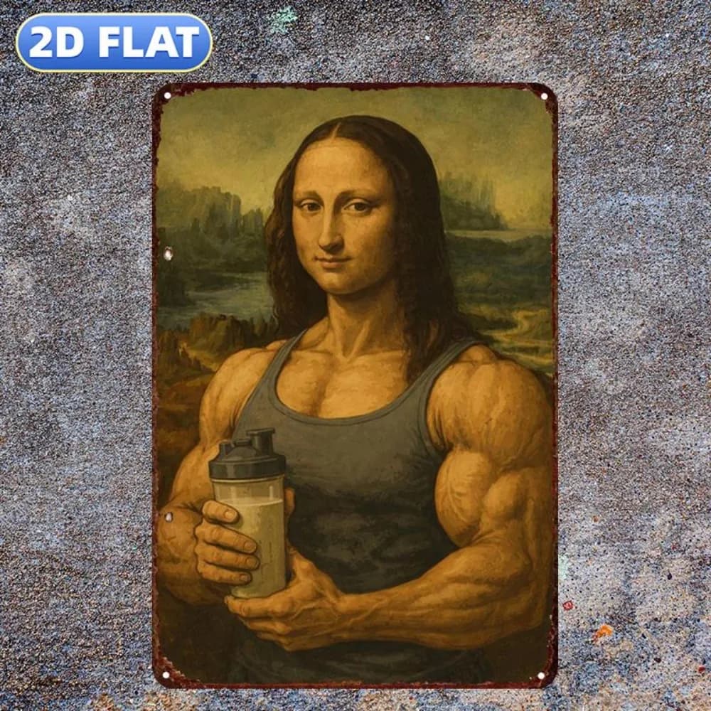 CIFBUY Funny Muscle Mona Lisa Holding Protein Shake Aluminum Wall Art Waterproof Durable Metal Tin Sign for Home Room Bar Garage